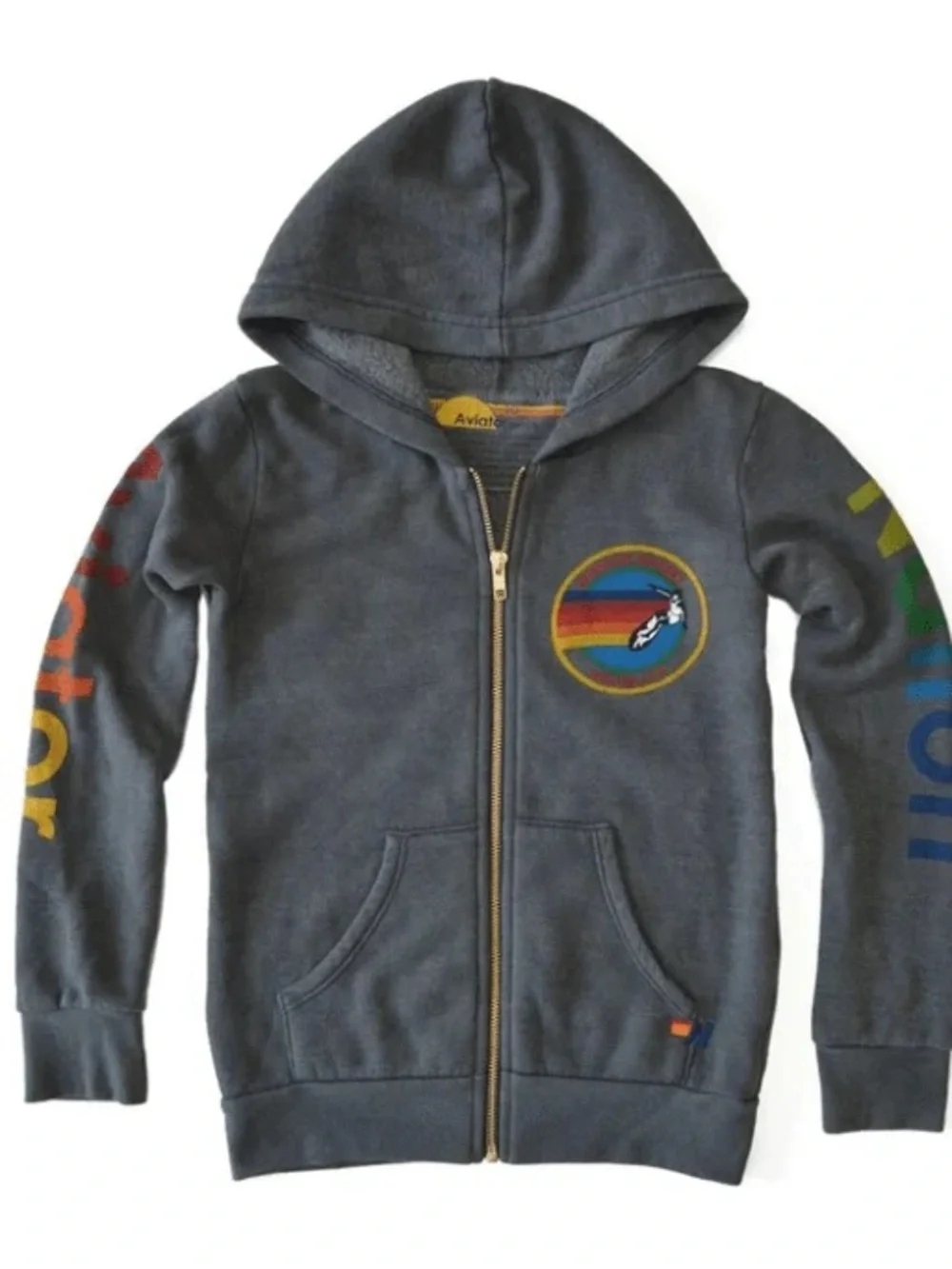 Aviator Nation Kids' Venice Charcoal Zip Hoodie with Rainbow Patch